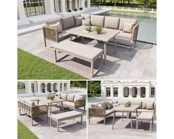 Tuinset met hoogwaardige zit- en rugkussens, tuinfauteuilset voor 6-8 personen, handgevlochten PE-rotan loungeset, weerbestendig terras sofa-set, beige