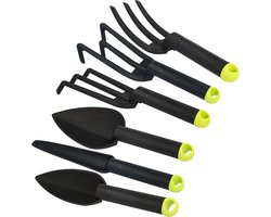 Tuinset met kleine rubber, bloemenkels, plantenenkels, bloemenvork, hark, onkruidsteker, kleine bezem en dubbele hak