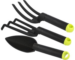 Tuinset met kleine rubber, bloemenkels, plantenenkels, bloemenvork, hark, onkruidsteker, kleine bezem en dubbele hak