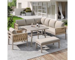 Tuinset met verzinkt ijzeren frame, beige touw loungeset, verstelbare poten, glazen tafelblad, inclusief kussens