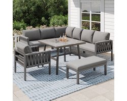 Tuinset met verzinkt ijzeren frame, grijze touw loungeset, verstelbare poten, glazen tafelblad, inclusief kussens