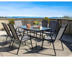 Tuinset meubel- compleet set voor in de tuin- tafel + stoelen- glazen tuin tafel - zwart - Tafel + 6 stoelen
