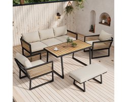 Tuinset, tuin lounge stoel set, 5-delig Tuinmeubelset, 3-zitsbank, 2 fauteuils, kruk en eettafel, tafelblad van kunststofhout, armleuningen van gevlochten touw, gegalvaniseerd staal, beige