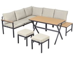 Tuinset, tuinloungestoelset, 4-delige set. Tuinmeubelset, hoekbank, 2 krukken, eettafel, kunststof-houten tafelblad met planken, gegalvaniseerd staal, grijs
