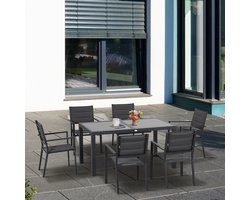 Tuinset – Tuinmeubelset – Diningset – Balkonset – Aluminium – Uitschuifbare Tafel 150-210 cm – 6 Stapelbare Stoelen – Textilene – Weerbestendig – Grijs