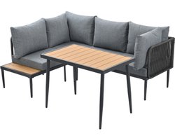 Tuinset, tuinmeubelset, hoekbank + eettafel, hoek, gegalvaniseerde stalen buis, tafelblad kunststof hout, grijs