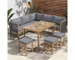 Tuinset tuinmeubelset met kussens, hoekbank, polyrotan loungeset, balkonset, buitentafel en stoelenset voor 7-8 personen, met bank, 3 krukken en 1 tafel, acacia, grijs + naturel