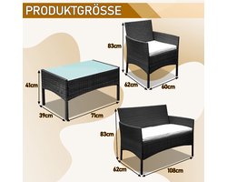 Tuinset-Tuinmeubelset van 4- Luxueus Rotan Fauteuil Balkonmeubilair -(TWEEPERSOONSBANK - 1x SALONTAFEL - 2x EENPERSOONSBANK)-Zwart.
