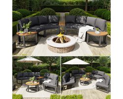 Tuinset voor 4-6 personen, tuinloungestoelenset, comfortabele tuinmeubelen met grijze zitkussens en kussens, verstelbare poten, elegante ronde bank, grijs