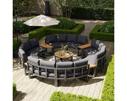 Tuinset voor 8-12 personen, tuinfauteuilset, comfortabele tuinmeubelen met grijze zitkussens en kussens, verstelbare poten, elegante ronde sofa, grijs