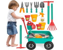 Tuinset voor kinderen met kruiwagen, schep, hark, bloempotten, gieter en meer - 14 stuks tuingereedschap speelset voor buiten en zandspel - Geschikt vanaf 3 t/m 7 jaar