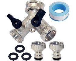 Tuinslangverdeler 2-wegs - Messing Y-vormige Tuinslangverdeler met Afsluitkranen - Inclusief 3 Rubberdichtingen 2 Adapters en 1 PTFE-band - Geschikt voor Tuin Huis En Terras - Eenvoudig Te Installeren En Veilig In Gebruik