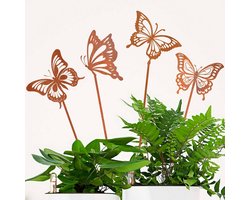 Tuinsteker - 4 Stuks - Tuindecoratie buiten - Tuindecoratie - Roestige decoratie - metalen beelden - Sfeer Vlinder - tuin hek decor - voor tuin, hekken, terras, balkon - 31x10cm - Goud