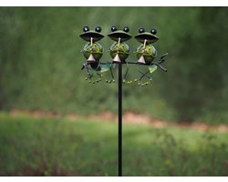 Tuinsteker drie muzikale kikkers – Handgemaakt & Handgeschilderd – Metaal groen – 21×12×110 cm – Inclusief Stevige Grondpin tuindecoratie