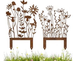 Tuinsteker roestdecoratie voor tuin, 2 stuks metalen bloemensteker, ideale plantensteker voor buiten en balkon, duurzame tuinaccessoires