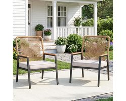 Tuinstoel Set - Balkonstoelen Rotan - Buiten Zitten - Verbreed Stabiel Frame - 8cm Dik Kussen - Beige