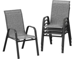Tuinstoelen 4-delig Set, Stapelbaar, Textileen en Metaal, Weerbestendig & Roestbestendig, Buiten Stoelen voor Tuin, Balkon, Terras, Grijs