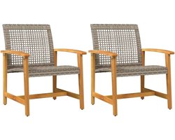 Tuinstoelen Set van 2 Poly Rattan en Acacia Hout Grijs - Comfortabele Lounge Stoelen voor Buiten