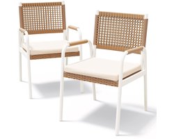 Tuinstoelen - Set van 2 - Rotan Tuinstoel - Eetkamerstoel - Inclusief Kussen - Stijlvol - Wit/Bruin - Tuinstoelen Stapelbaar - Tuinstoelen Wicker - Stoel - Fauteuil - Weerbestendig - 52x58x84cm