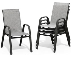 Tuinstoelen Set van 4 - Stapelbaar - Textileen & Metaal - Weerbestendig en Roestvrij - Luxe Buitenstoelen voor Tuin, Balkon & Terras - Grijs