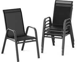 Tuinstoelen Set van 4 - Stapelbaar - Textileen & Metaal - Weerbestendig en Roestvrij - Luxe Buitenstoelen voor Tuin, Balkon & Terras - Zwart