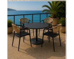Tuinstoelen Set van 6 56x56x81 cm – Stapelbare Design Stoelen met Rope Rugleuning – UV-Bestendige Weerbestendige Balkonstoelen voor Tuin, Terras en Eethoek Buiten – Grijs – Mobili Bella