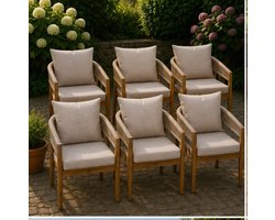 Tuinstoelen Set van 6 59x58x76,5 cm – Acaciahouten Balkonstoelen met Rope Design en Dikke Kussens – Weerbestendige Lounge Stoelen voor Tuin, Terras, Balkon, Eethoek en Serre – Greige – Mobili Bella