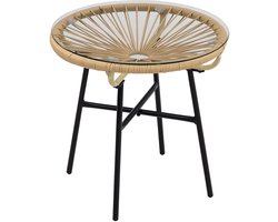 Tuintafel in boho-stijl-PE-rotan-gehard glas-weerbestendig-50 cm x 50 cm x 50 cm-beige