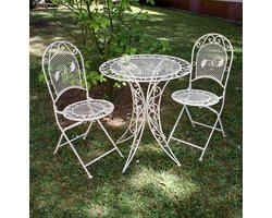 Tuintafel met stoelen - Smeedijzeren set - Buiten dineren - Antieke patina look - 79cm hoog - Crème wit