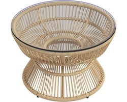 Tuintafel - Tuintafel Rond - Bijzettafeltje - Bistrotafel - Salontafel - Rotanlook - met Dienblad van Gehard Glas - voor Terras - Tuin - Ø 60 x 37 cm - Natuurlijk Hout