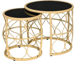 Tuintafel - Tuintafel Rond - Bijzettafeltje - Set van 2 - Rattenbijzettafel - Bistrotafel, Salontafel - met Glazen Tafelblad - Boho-Stijl - voor Terras - Tuin - Φ55 x 51 cm & Φ43 x 47 cm - Khaki/Zwart