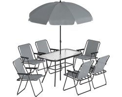 Tuintafelset 6 persoons - Glazen Tafel met 6 Klapstoelen en Parasol - Grijs