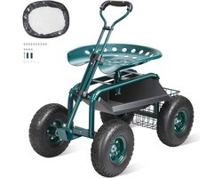 Tuintrolley, rollende werkstoel, 360° draaibare tuinkruk met wielen, dienblad voor universeel gereedschap en stuurhandgreep voor terras, tuin, buitenruimte, groen