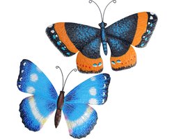 Tuin/wand decoratie muurvlinders - set 2x - metaal - blauw - 31 x 23 cm