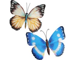 Tuin/wand decoratie muurvlinders - set 2x - metaal - wit/blauw - 31 x 23 cm
