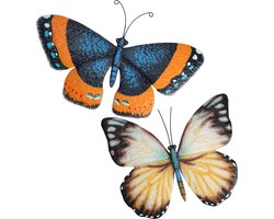 Tuin/wand decoratie muurvlinders - set 2x - metaal - wit/oranje - 31 x 23 cm