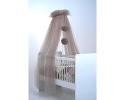 Tule Luifel voor Bijzetbed - 165 cm - Met Pompons en Muggennet - Taupe - Voor Baby en Kinderkamerdecoratie