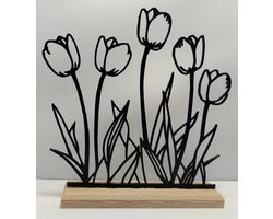 Tulpen Ornament op voet - ornament op standaard - binnen - staand - cadeau vriendin vriend - verjaardag vrouw - kunststof/hout - bureau decoratie - kast decoratie - tafel decoratie - 18,3 cm x 16,9 cm