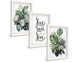 Tulup 3-Delige Schilderij Set - Bladrijke planten met de woorden Leef, Lach, Houd van - 20x30 - Muurdecoratie - Wanddecoratie - Hal - Woonkamer Decoratie