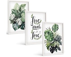 Tulup 3-Delige Schilderij Set - Bladrijke planten met de woorden Leef, Lach, Houd van - 40x60 - Decoratieve Muurdecoratie - Slaapkamer - Woonkamer Decoratie