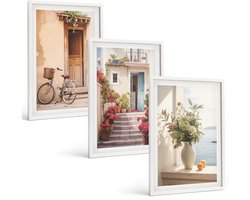 Tulup 3-Delige Schilderij Set - Charmante straatjes langs de kust met bloemen en fietsen. - 40x60 - Wanddecoratie - Muurdecoratie - Moderne Interieurdecoratie - Decoratieve Schilderijen