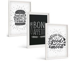 Tulup 3-Delige Schilderij Set - Voedselafbeeldingen en culinaire slogans - 40x60 - Wanddecoratie - Schilderijen Set - Interieur - Woonkamer Decoratie