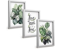 Tulup 4-Delige Schilderij Set - Bladrijke planten met de woorden Leef, Lach, Houd van - 20 x 30 cm - Muurdecoratie - Wanddecoratie - Hal - Stijlvolle Muurdecoratie