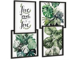 Tulup 4-Delige Schilderij Set - Bladrijke planten met de woorden Leef, Lach, Houd van - 40 x 40 cm en 40 x 60 cm - Decoratieve Schilderijen - Wanddecoratie - Hal