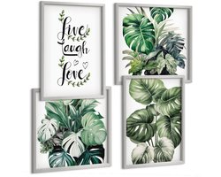 Tulup 4-Delige Schilderij Set - Bladrijke planten met de woorden Leef, Lach, Houd van - 40 x 40 cm en 40 x 60 cm - Decoratieve Schilderijen - Wanddecoratie - Hal - Stijlvolle Muurdecoratie