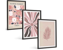 Tulup 4-Delige Schilderij Set - Bloemmotieven met bladeren en geometrische vormen - 40 x 60 cm - Wanddecoratie - Moderne Interieurdecoratie - Woonkamer Decoratie