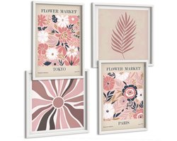 Tulup 4-Delige Schilderij Set - Bloemmotieven met bladeren en geometrische vormen - 40x40 en 40x60 - Moderne Wanddecoratie - Woonkamer - Interieur Decoratie