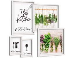 Tulup 4-Delige Schilderij Set - Een keuken vol liefde: kruiden en culinaire accessoires - 50 x 50 cm, 20 x 30 cm en 40 x 60 cm - Wanddecoratie - Moderne Interieurdecoratie - Woonkamer Decoratie