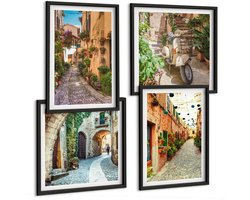 Tulup 4-Delige Schilderij Set - Sfeervolle straatjes met bloemen in een Italiaanse ambiance. - 40 x 40 cm en 40 x 60 cm - Muurdecoratie - Schilderijen Set - Woonkamer - Wanddecoratie