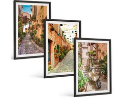 Tulup 4-Delige Schilderij Set - Sfeervolle straatjes met bloemen in een Italiaanse ambiance. - 40 x 60 cm - Stijlvolle Muurdecoratie - Slaapkamer - Wanddecoratie